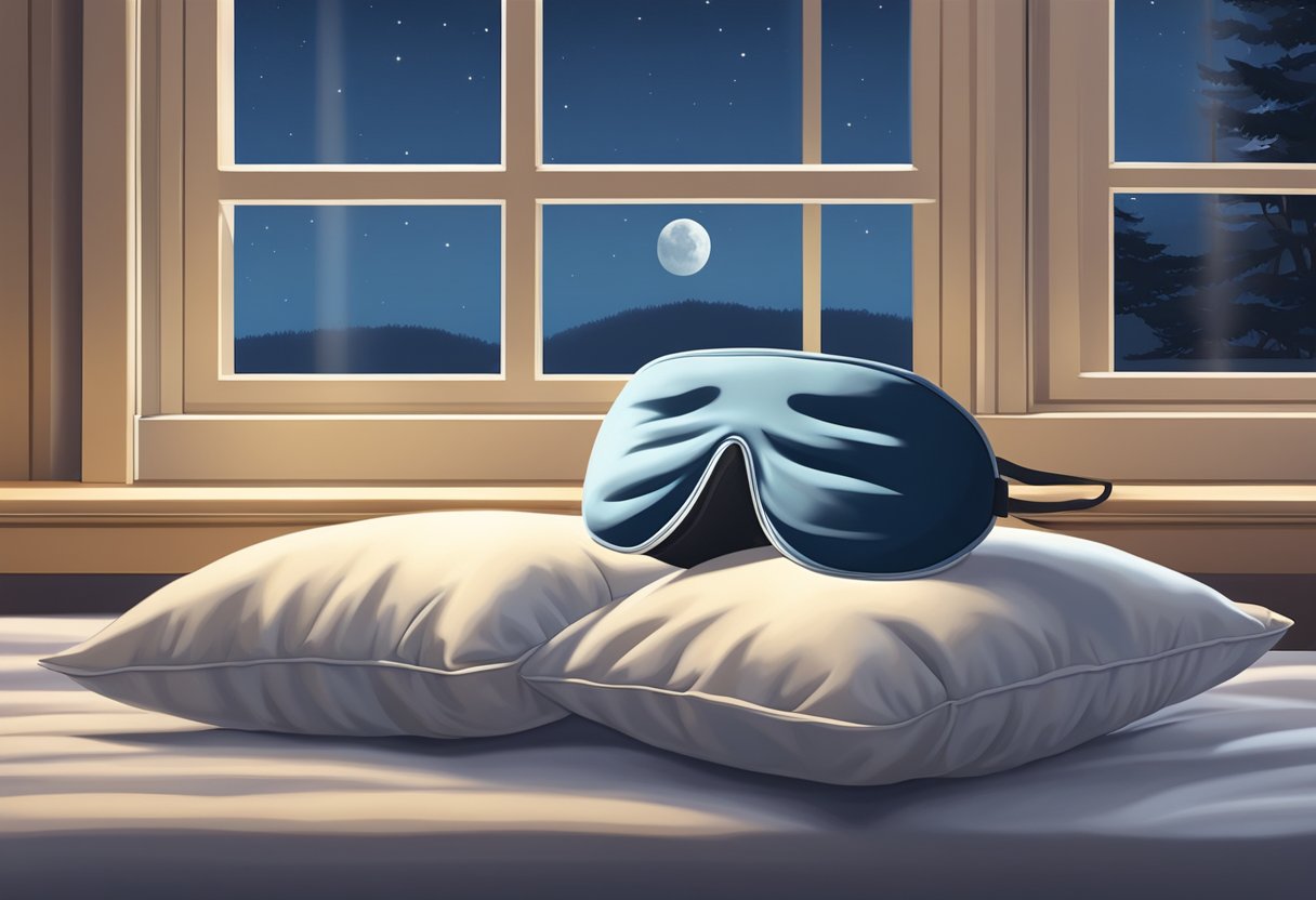 A peaceful scene of a sleep mask resting on a soft pillow, with gentle moonlight filtering through a window onto the serene setting