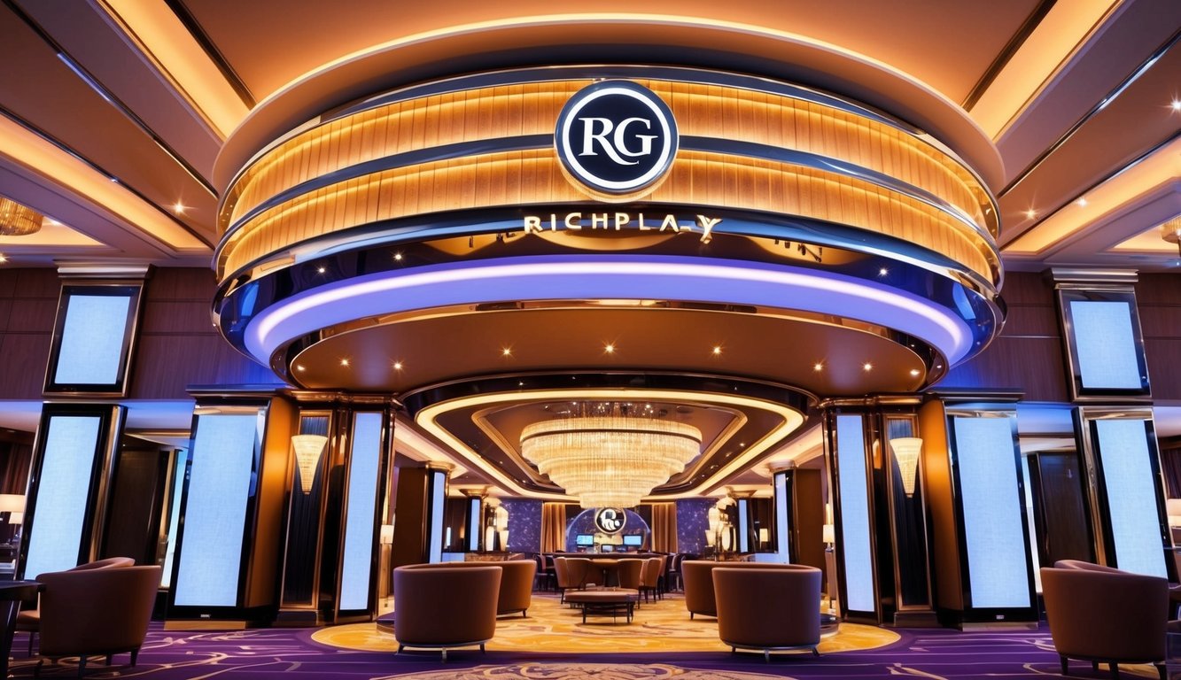 一個豪華的賭場，RG RichPlay Entertainment 標誌顯眼地展示在入口上方。明亮的燈光和優雅的裝飾營造出奢華和興奮的氛圍