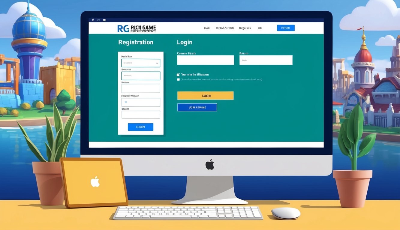 電腦螢幕顯示RG Rich Game Entertainment City的用戶註冊和登錄過程。螢幕上顯示了該過程的輸入欄位和按鈕。