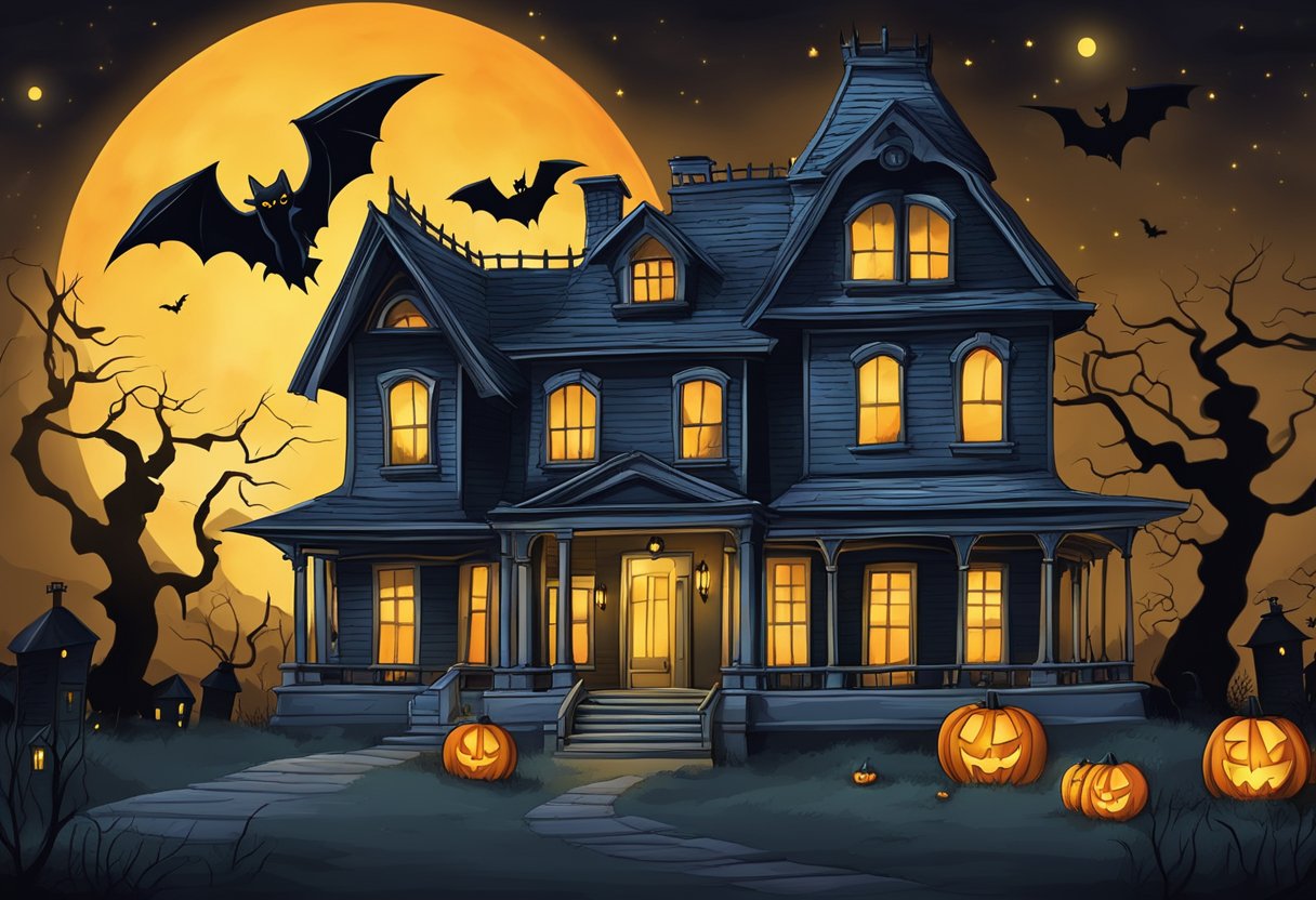 A spooky haunted house with a full moon, bats, and jack-o-lanterns