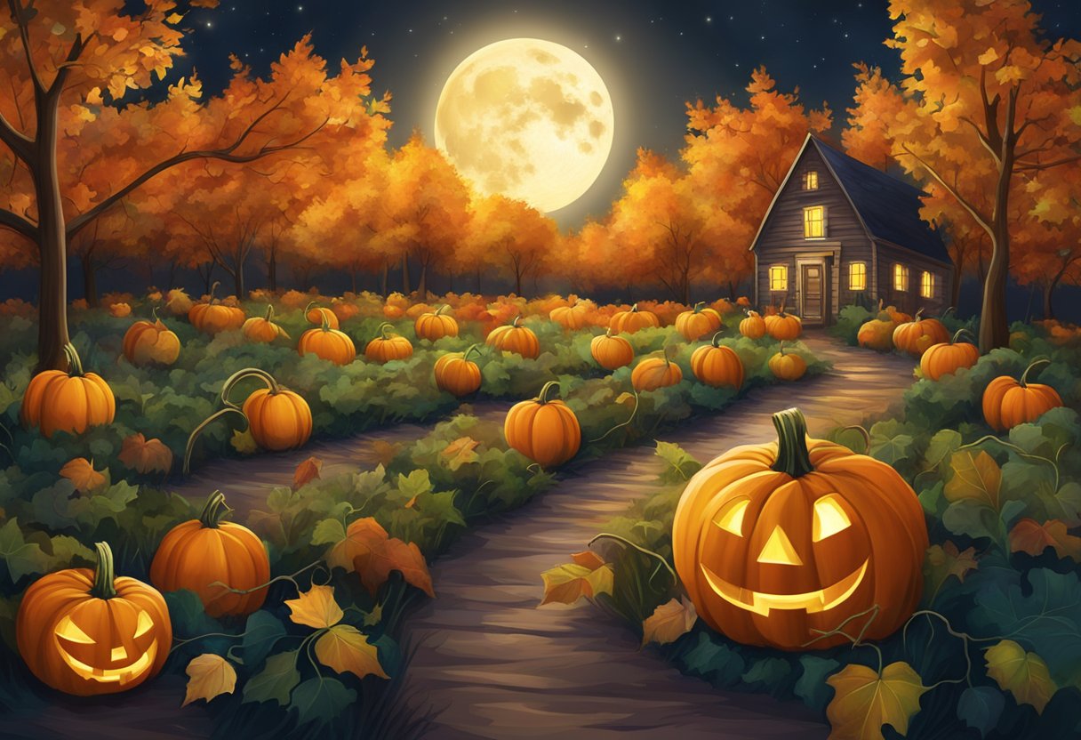 A moonlit pumpkin patch with glowing jack-o-lanterns and autumn leaves