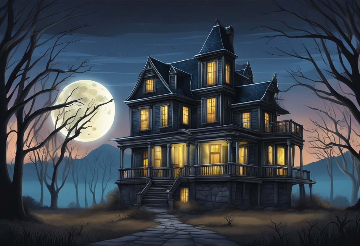 An eerie haunted house with glowing windows, bare trees, and a full moon looming in the background