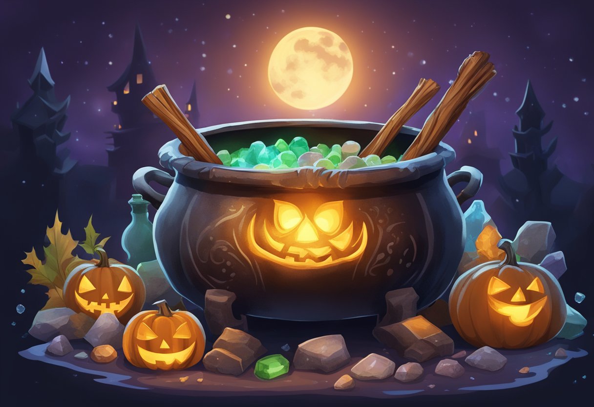 A bubbling cauldron sits atop a crackling fire, surrounded by eerie potion ingredients and glowing crystals, set against a moonlit Halloween night