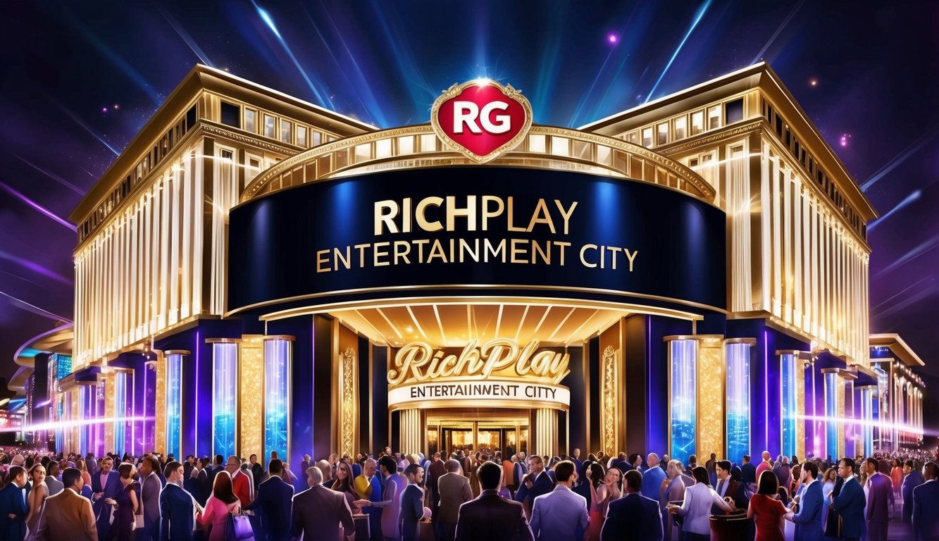 一個豪華的賭場，入口處顯眼地展示著「RG RichPlay 娛樂城」的名稱，周圍是閃爍的燈光和熙熙攘攘的人群