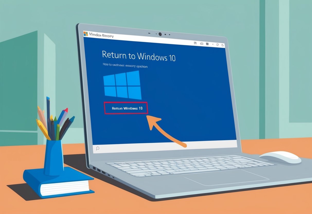 Un monitor del computer che mostra le opzioni di recupero di Windows 10 con un cursore che seleziona l'opzione "Torna a Windows 10"