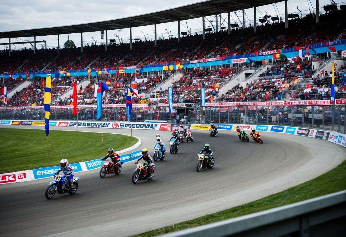 Ett fullt speedwaystadion i Polen, med färgglada lagbanderoller och dånande motorcyklar på banan.