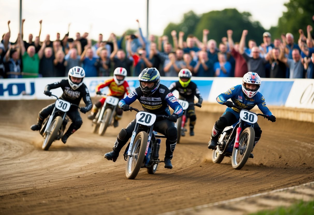 En grupp polska speedwayförare som tävlar på en grusbana, med hejarop från publiken i bakgrunden