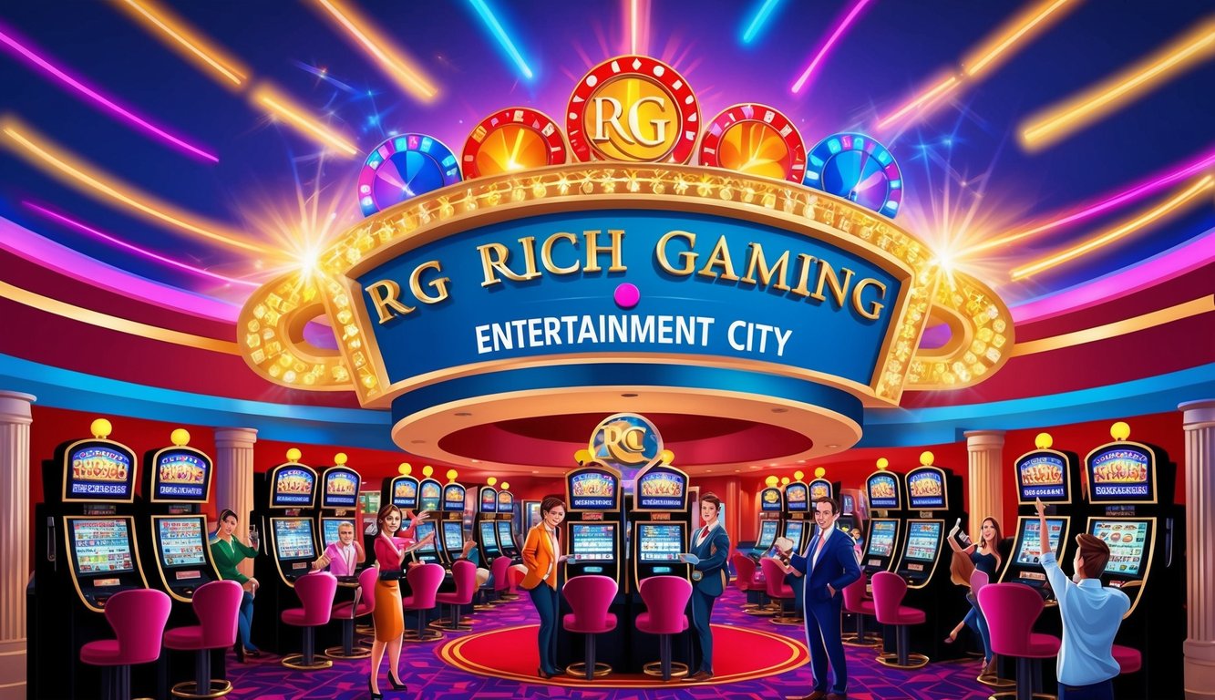 一個色彩繽紛的賭場，閃爍的燈光和一個寫著「RG Rich Gaming Entertainment City」的大招牌，周圍圍繞著興奮的顧客和贏得獎勵的老虎機