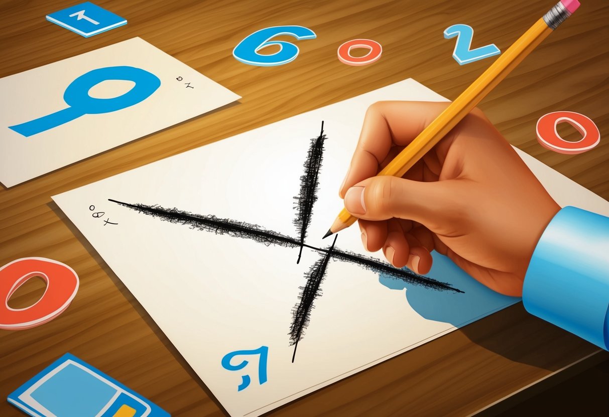Una mano che tiene una matita disegna uno zero diviso o barrato su un pezzo di carta, con altri numeri e simboli che lo circondano.