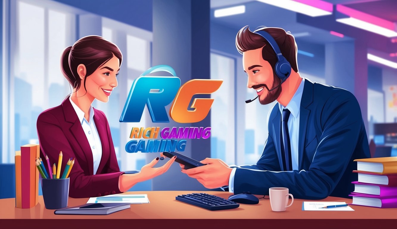 一位客服代表正在協助客戶提供對 RG Rich Gaming Entertainment 的反饋