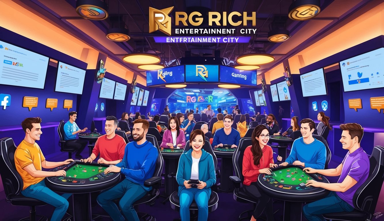 一群人在RG Rich Gaming Entertainment City享受各種活動，場地周圍展示著正面的反饋和評論