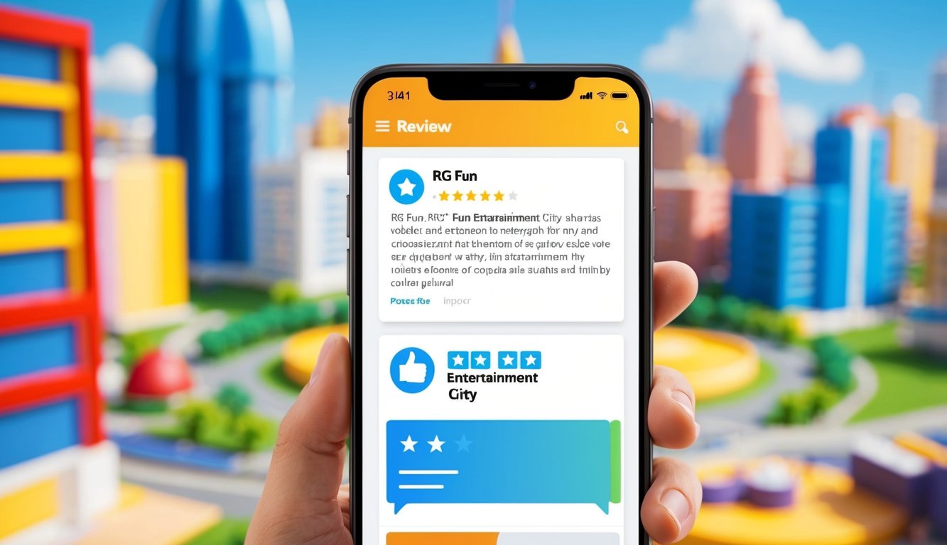 一部移動設備顯示 RG Fun Entertainment City 的評價，帶有讚的圖標和色彩繽紛、引人入勝的界面