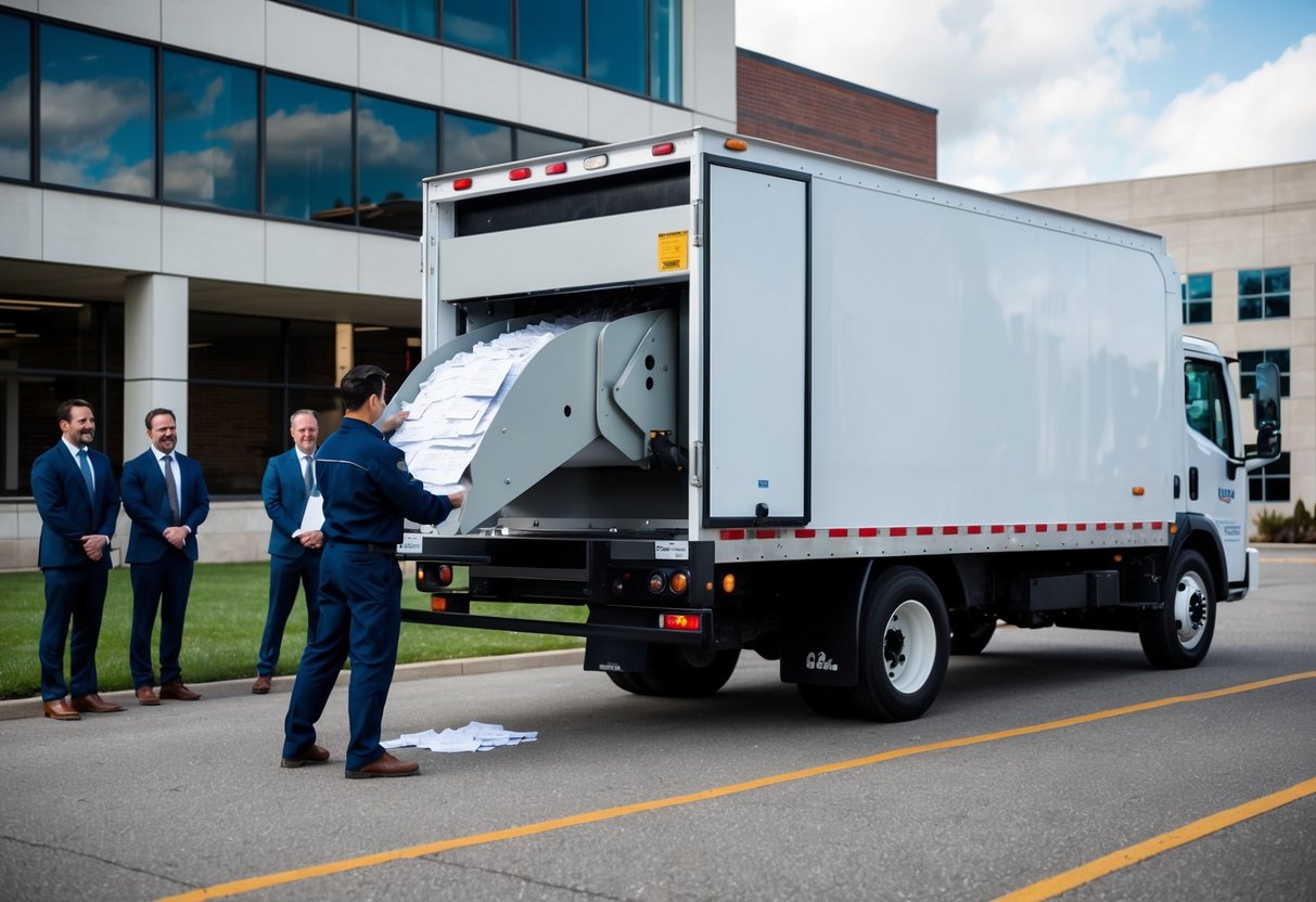 A mobile shredding truck parked outside an office building, with a technician feeding paper into the shredder while others watch