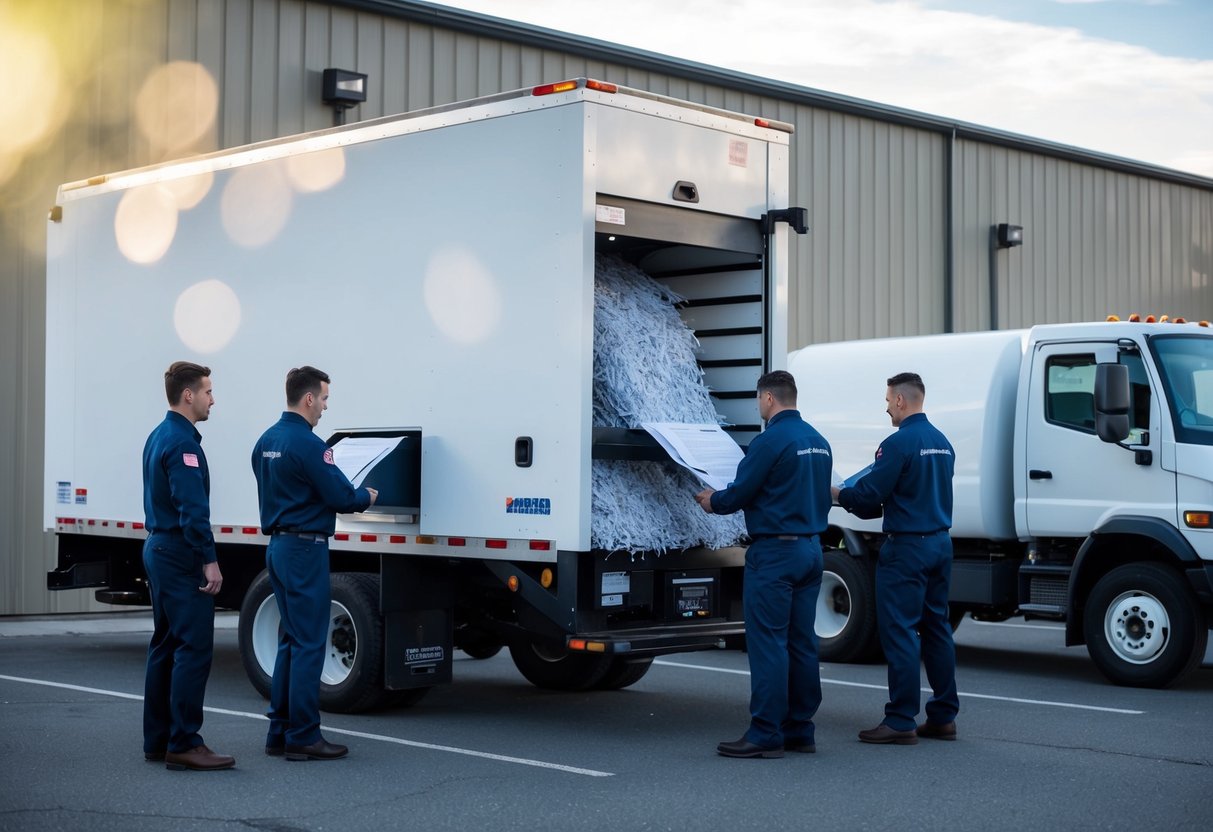 An on-site paper shredding truck parked outside a secure facility, with a technician feeding documents into the shredder while others monitor the process