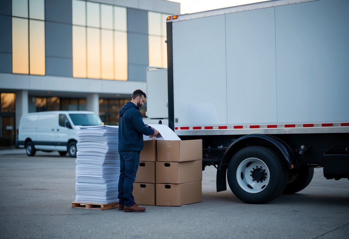 A mobile shredding truck parked next to a stack of paper boxes outside an office building, with a worker feeding paper into the shredder