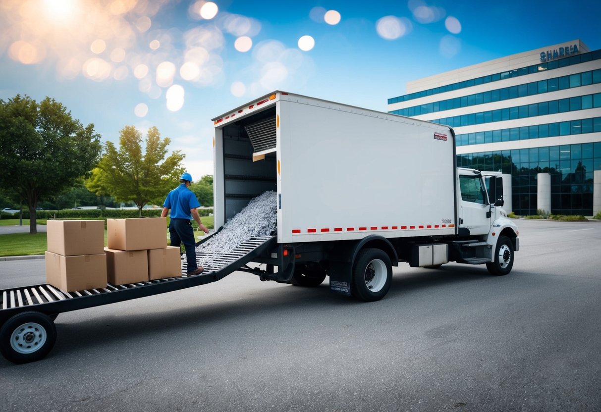 A secure shredding truck parked next to an office building, with a worker loading boxes of documents onto a conveyor belt