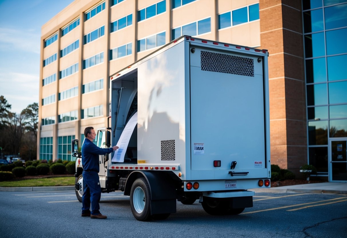 A mobile shredding truck parked outside an office building in Georgia, with a technician feeding paper into the shredder as onlookers watch