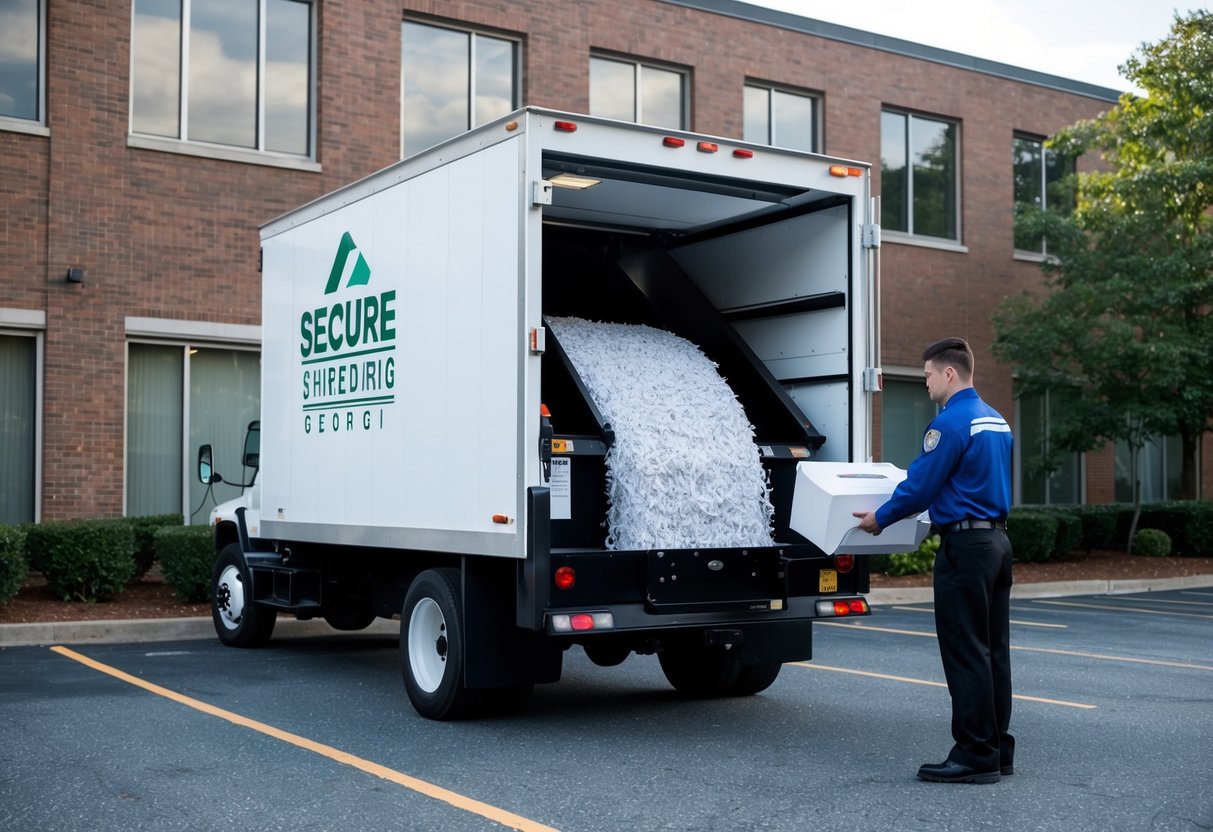 A secure shredding truck parked outside a Georgia office building, with a uniformed employee feeding paper into the shredder