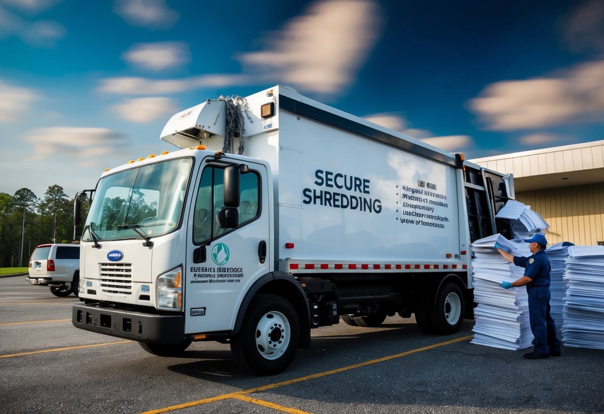 A secure shredding truck parked at a business, with a technician overseeing the destruction of documents on-site in Georgia