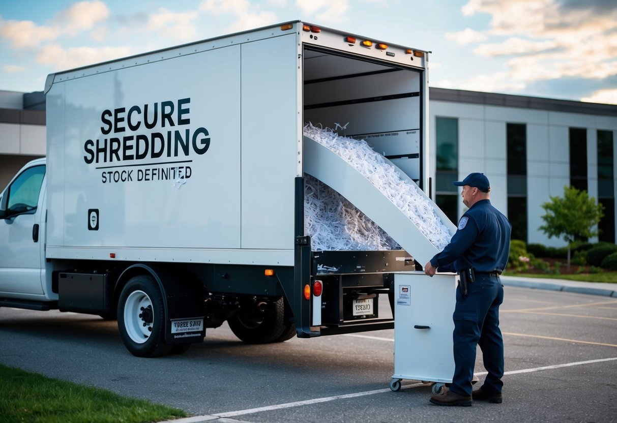 A secure shredding truck parked outside an office building, with a worker feeding documents into the shredder while a supervisor oversees the process