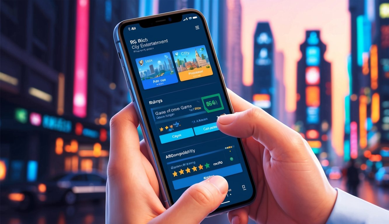 一個顯示 RG Rich Game Entertainment City 評分和相容性的移動設備