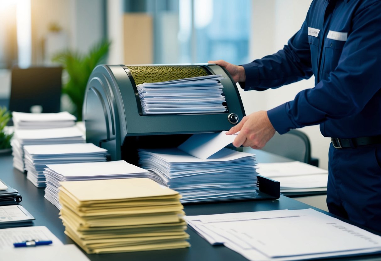 A busy office with stacks of paper files being loaded into a shredding machine by a service worker