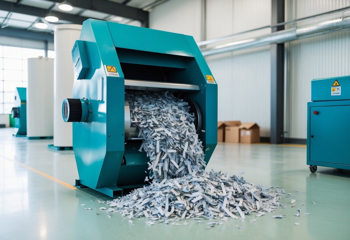 A modern industrial shredder processing paper waste in a clean, efficient facility with eco-friendly practices