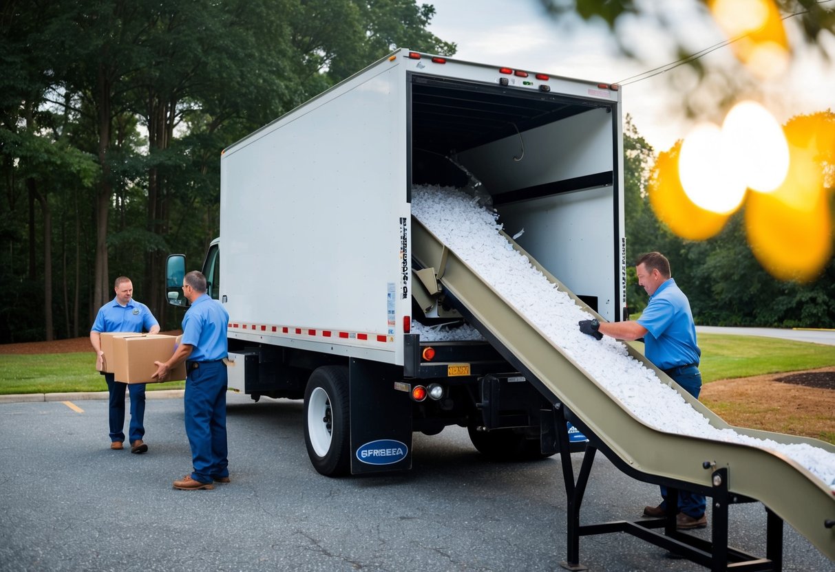 A secure shredding truck parked outside a Georgia business, with workers loading boxes of paper onto a conveyor belt leading into the shredder