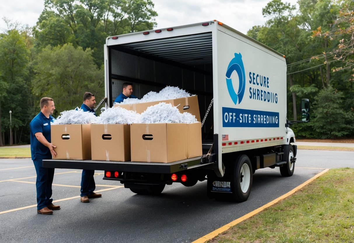 A secure shredding truck parked outside a Georgia business, with employees loading boxes of paper for off-site shredding