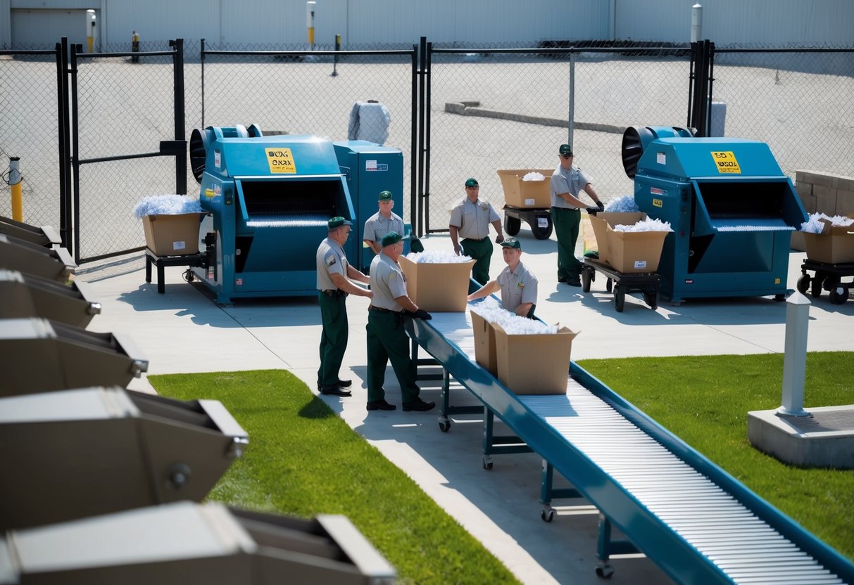 A secure facility with multiple shredding machines and conveyor belts, surrounded by high fences and security cameras. A team of workers in uniforms moving bins of paper to be shredded