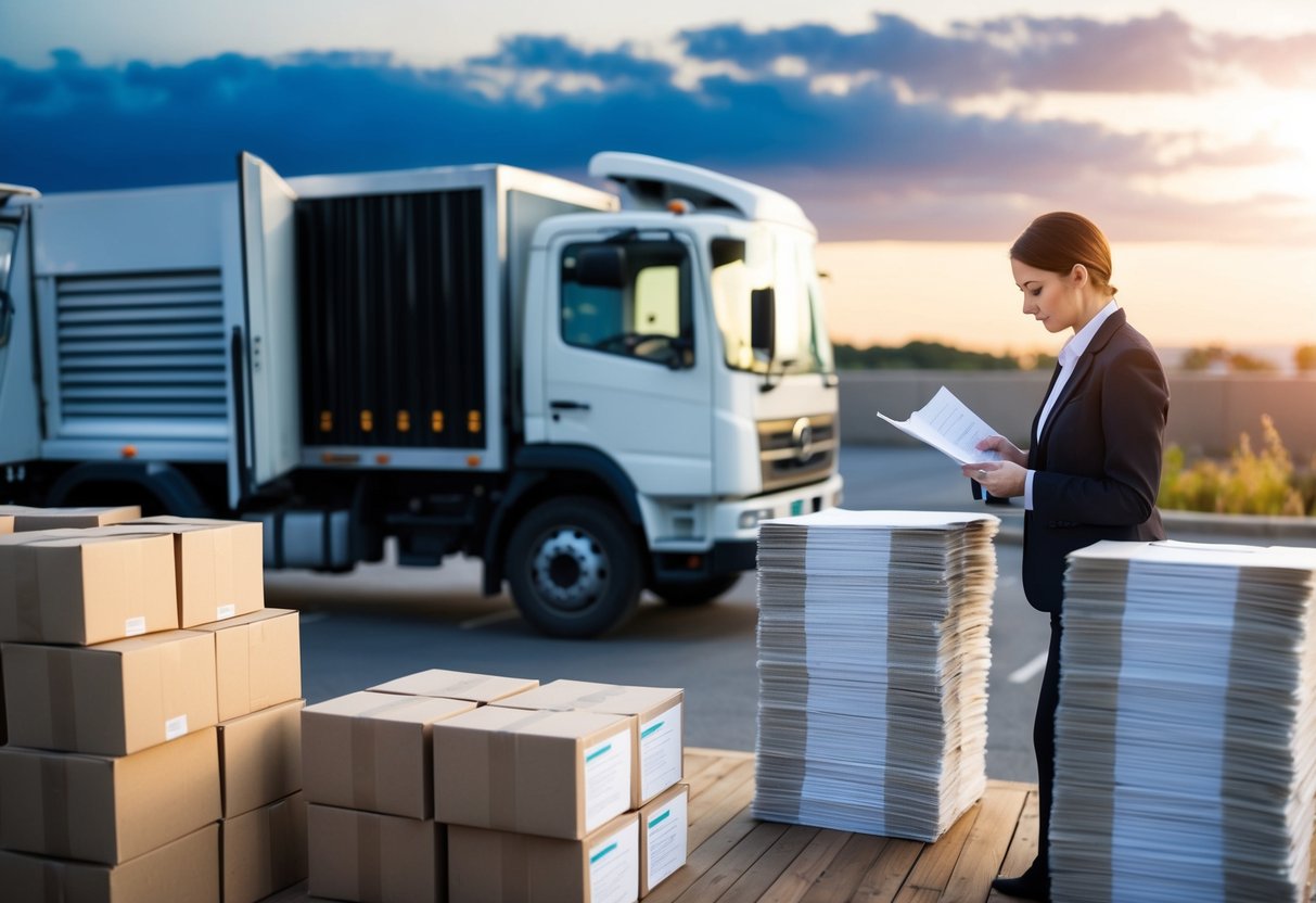 A secure document shredding truck parked next to a stack of paper boxes, with a person comparing compliance and certification documents