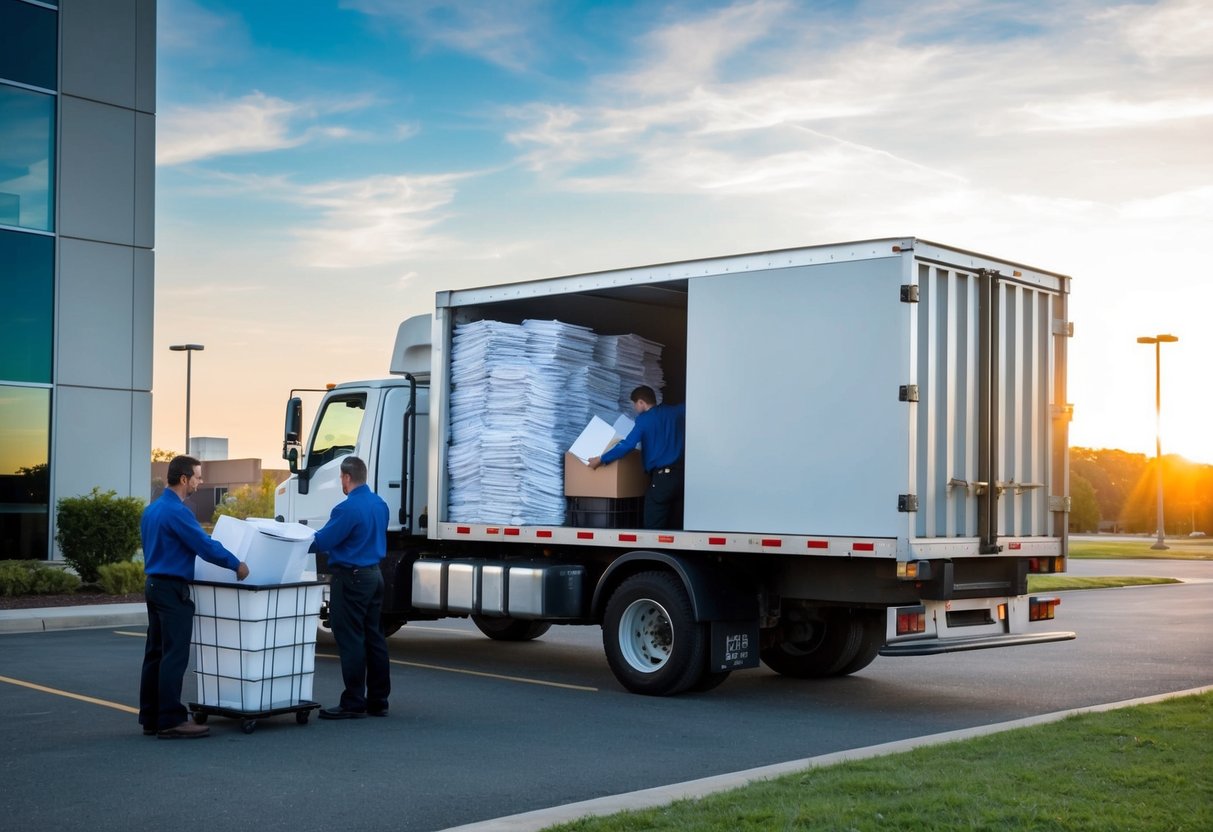 A secure document shredding truck parked next to a company building, with workers loading bins of paper into the shredder