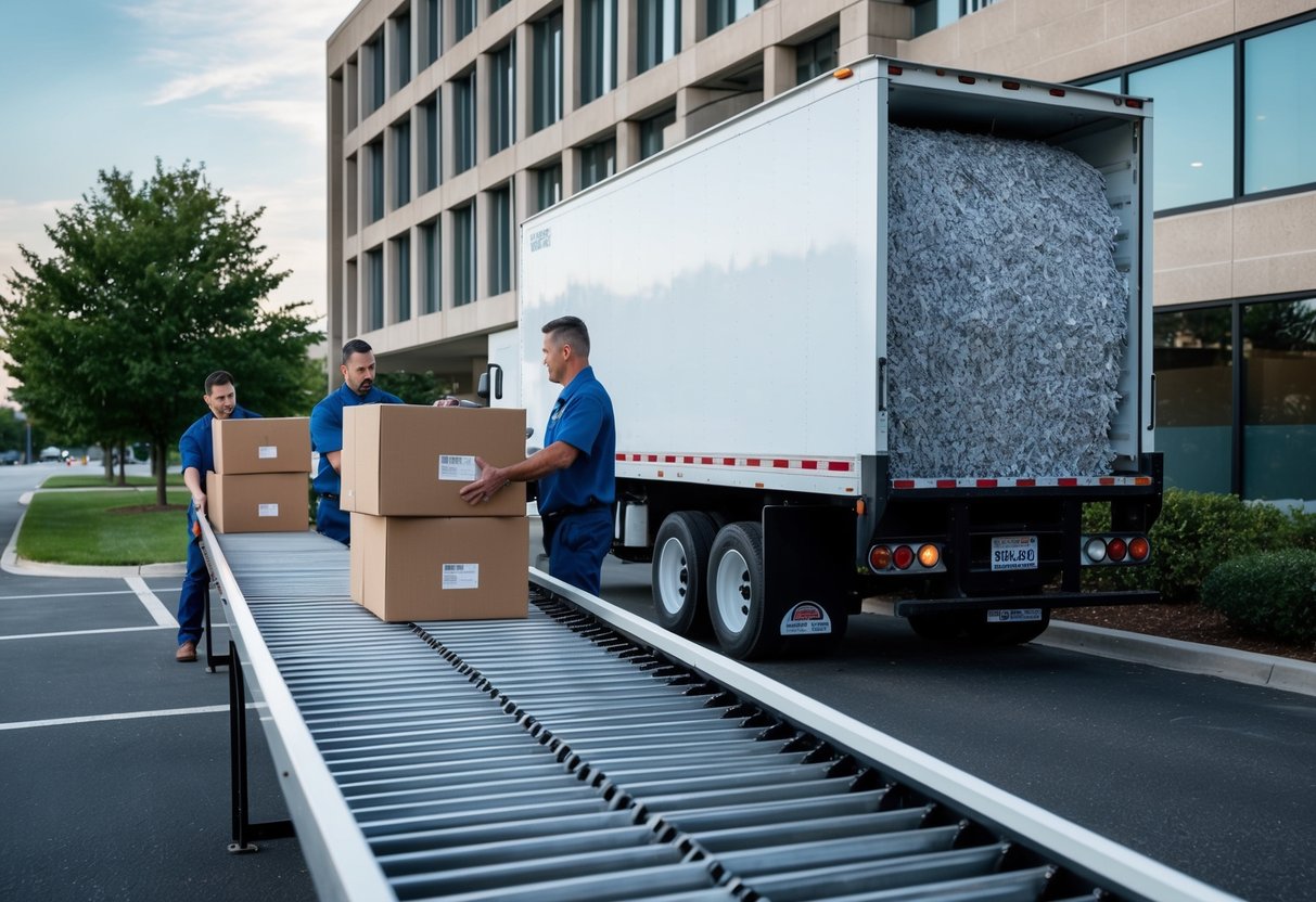 A secure shredding truck parked outside an office building, with workers loading boxes of paper onto a conveyor belt leading into the shredder