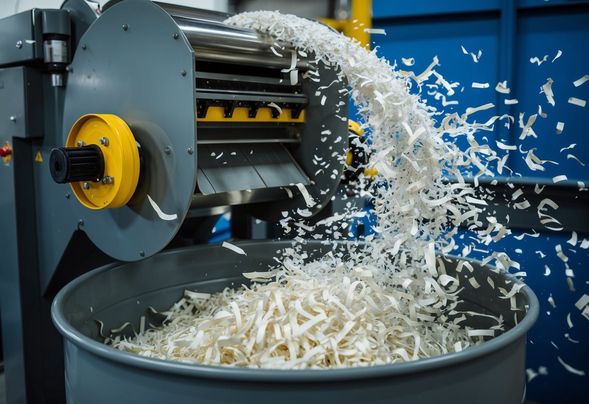 A large industrial paper shredder in action, with shredded paper flying out and being collected in a secure container