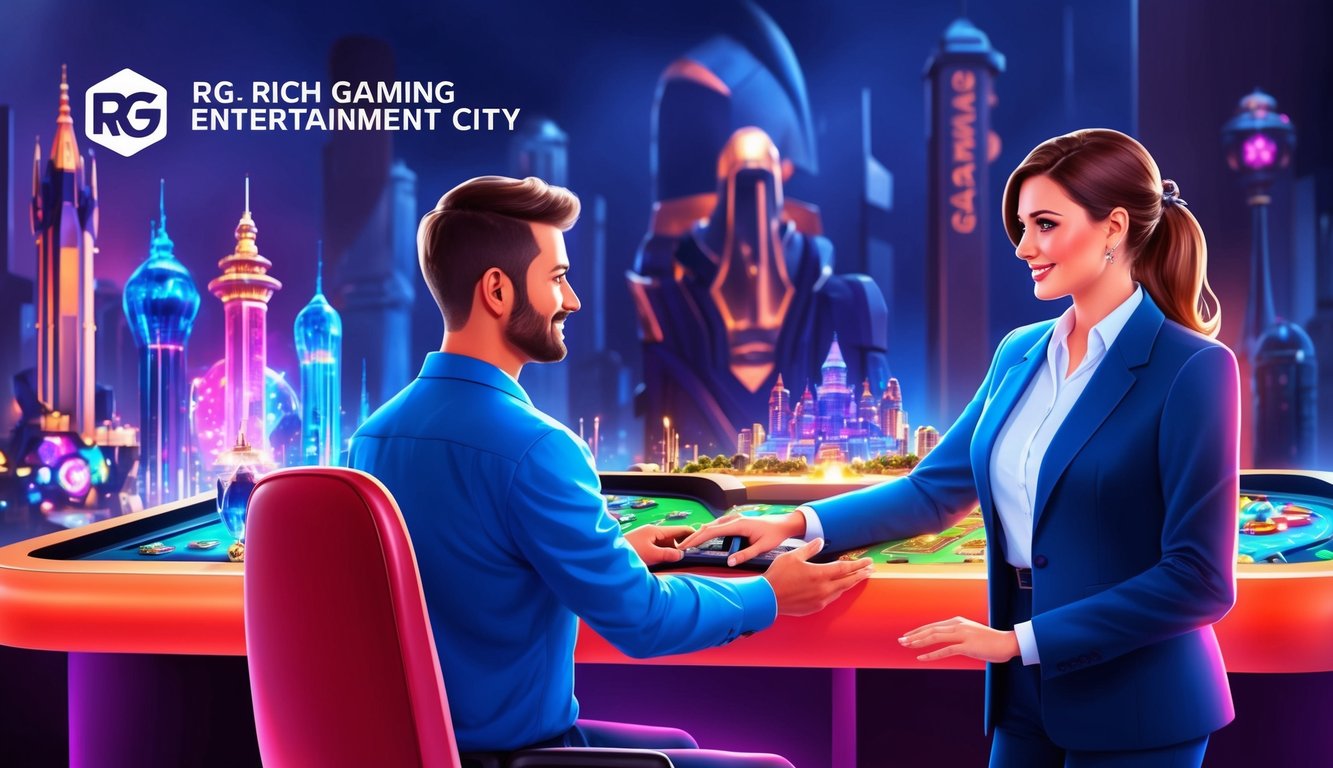 一位客戶服務代表正在RG Rich Gaming Entertainment City協助客戶