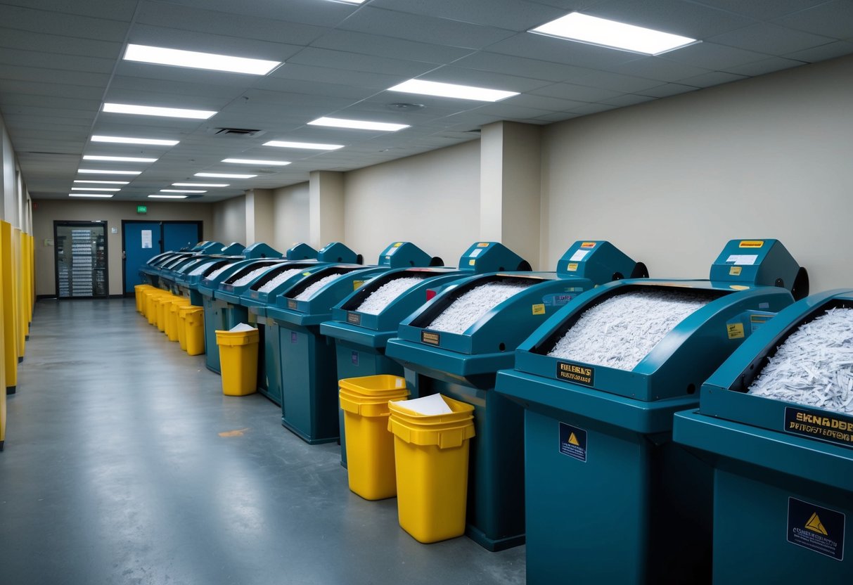 A secure off-site shredding facility in Georgia with rows of shredding machines and bins of paper ready for destruction