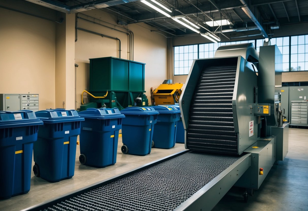 A secure shredding facility in Georgia with large bins, a conveyor belt, and industrial shredding machines