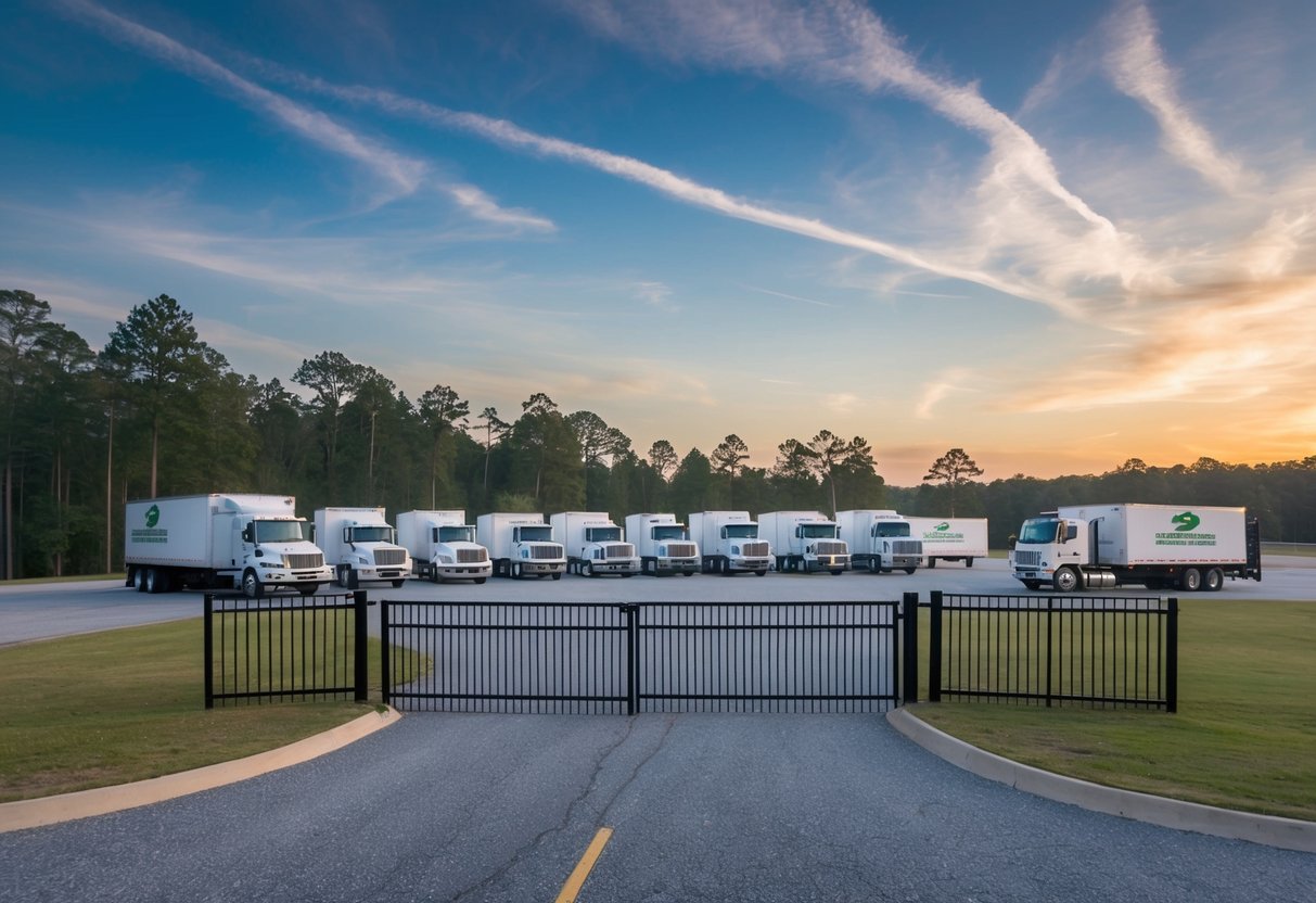 A secure off-site shredding facility in Georgia with multiple shredding machines, a gated entrance, and a fleet of shredding trucks for efficient service