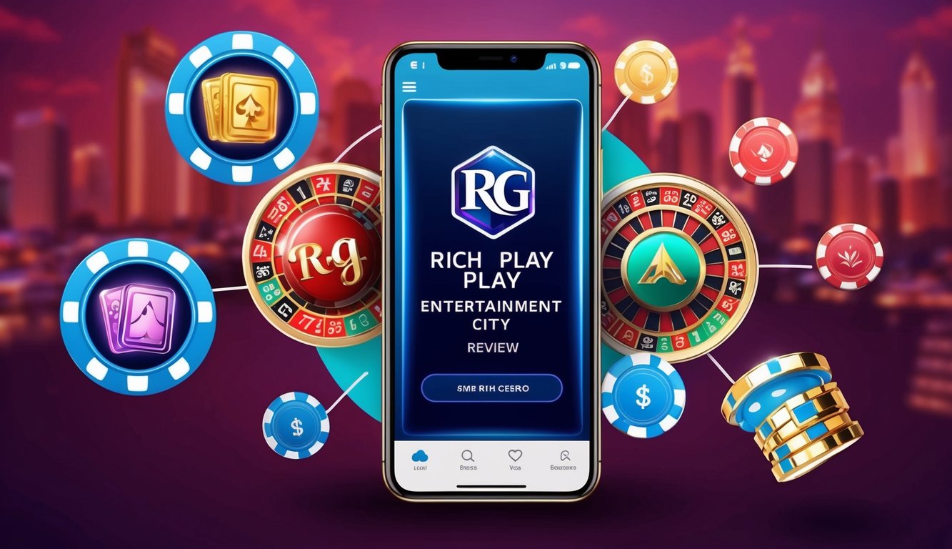 一部智能手機顯示著 RG Rich Play 娛樂城的評論，周圍環繞著賭場主題的圖標和圖形