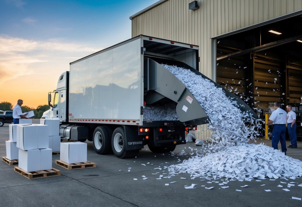 A truck unloads boxes of paper at a secure off-site shredding facility. A large industrial shredder destroys the paper, while workers manage the process