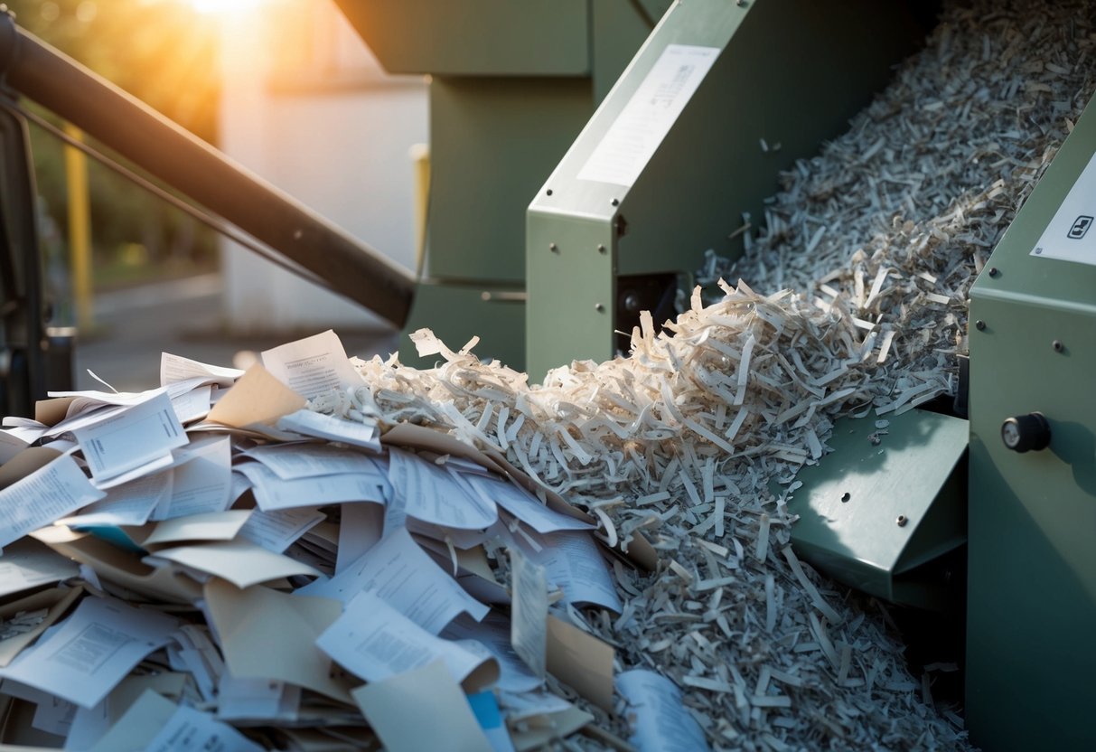 A mountain of discarded paper being fed into a industrial paper shredder, with the shredded paper being collected and recycled