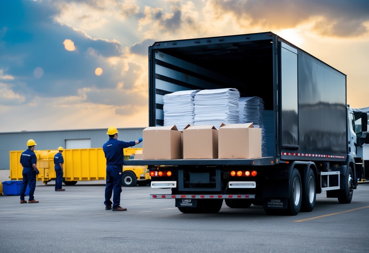 A large truck unloading boxes of paper at a secure off-site shredding facility, with workers overseeing the process