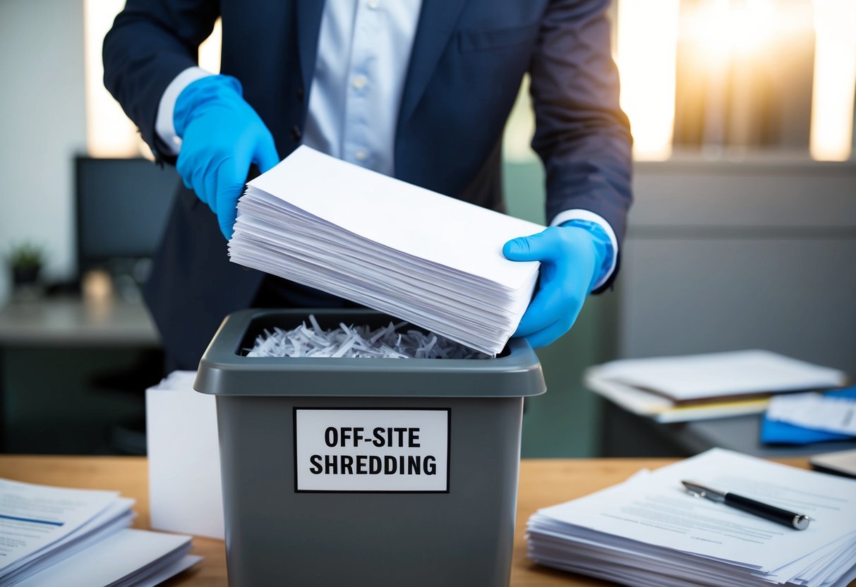 A stack of papers being placed into a secure shredding bin by a person wearing gloves. The bin is labeled "Off-Site Shredding" and is surrounded by other office supplies