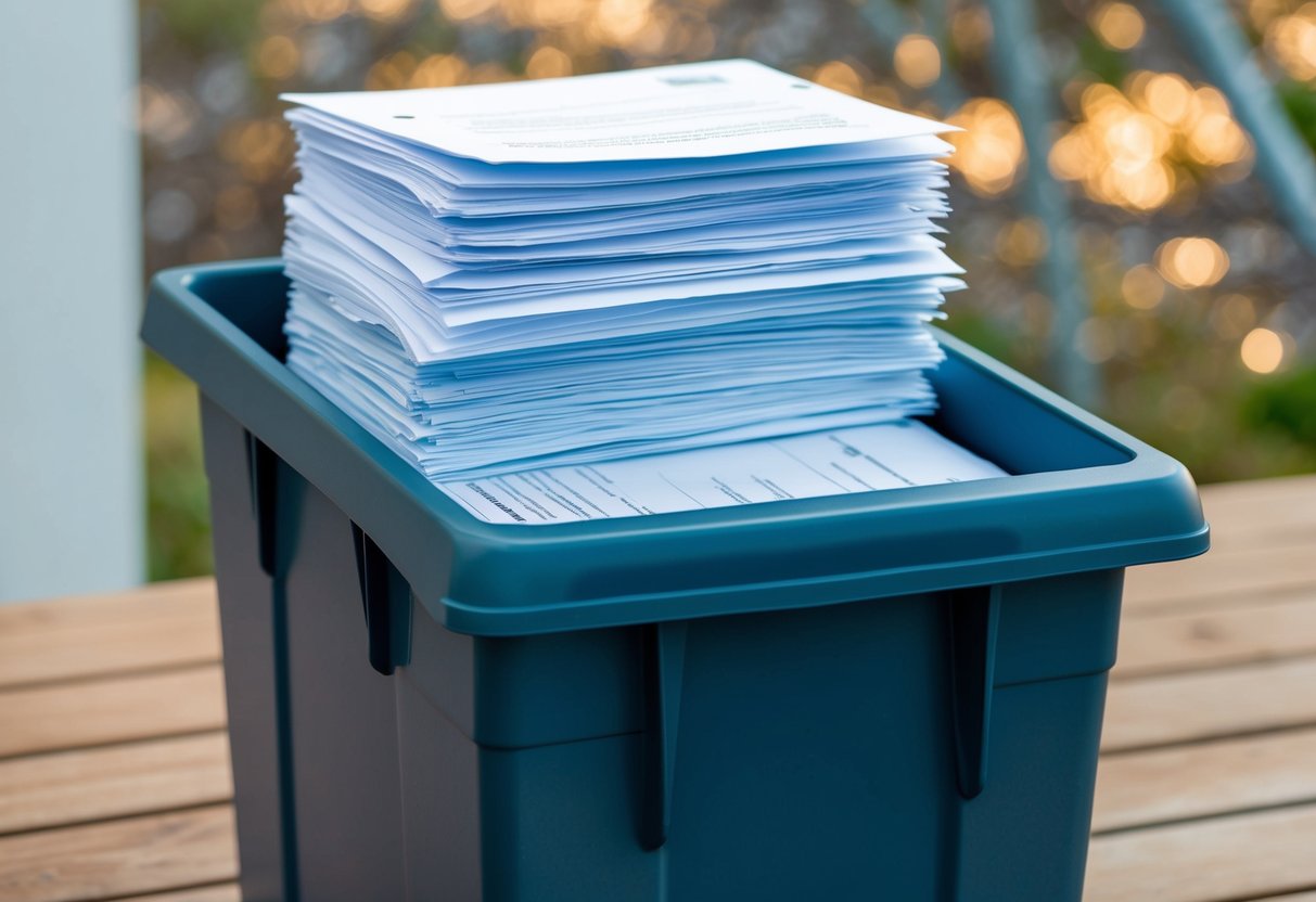 A stack of paper documents placed in a secure bin, ready for off-site shredding