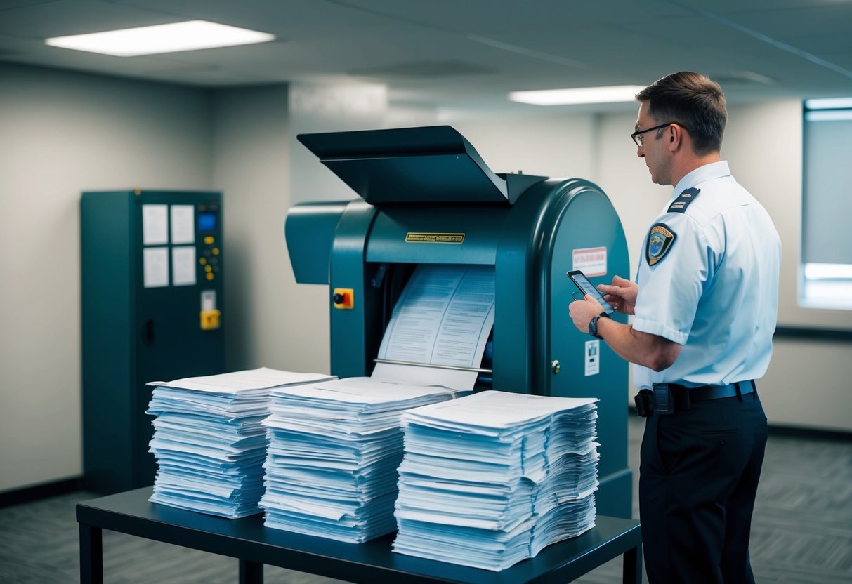 A secure facility with a large industrial paper shredder, stacks of documents, and a compliance officer inspecting the process