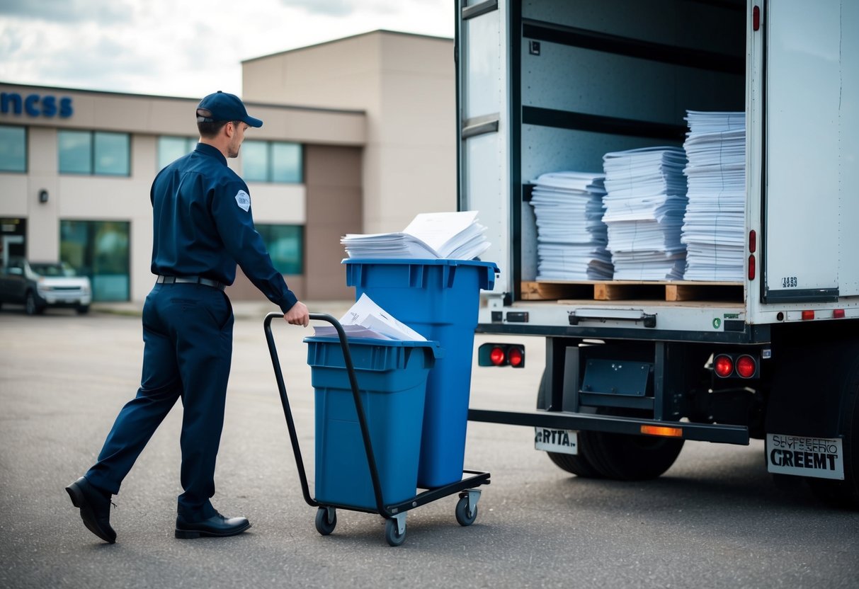 A secure shredding truck parked outside a business, with a uniformed employee wheeling bins of paper documents towards the truck for off-site shredding