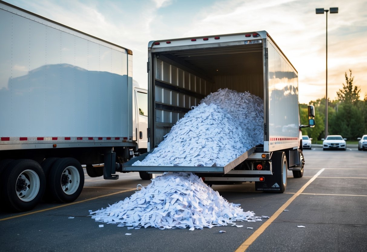 A mountain of paper being loaded onto a secure shredding truck in a busy office parking lot