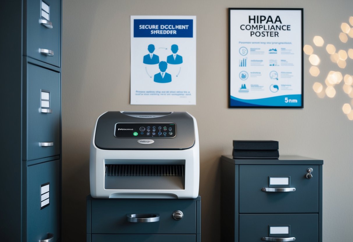 A secure document shredder surrounded by locked filing cabinets and a HIPAA compliance poster on the wall