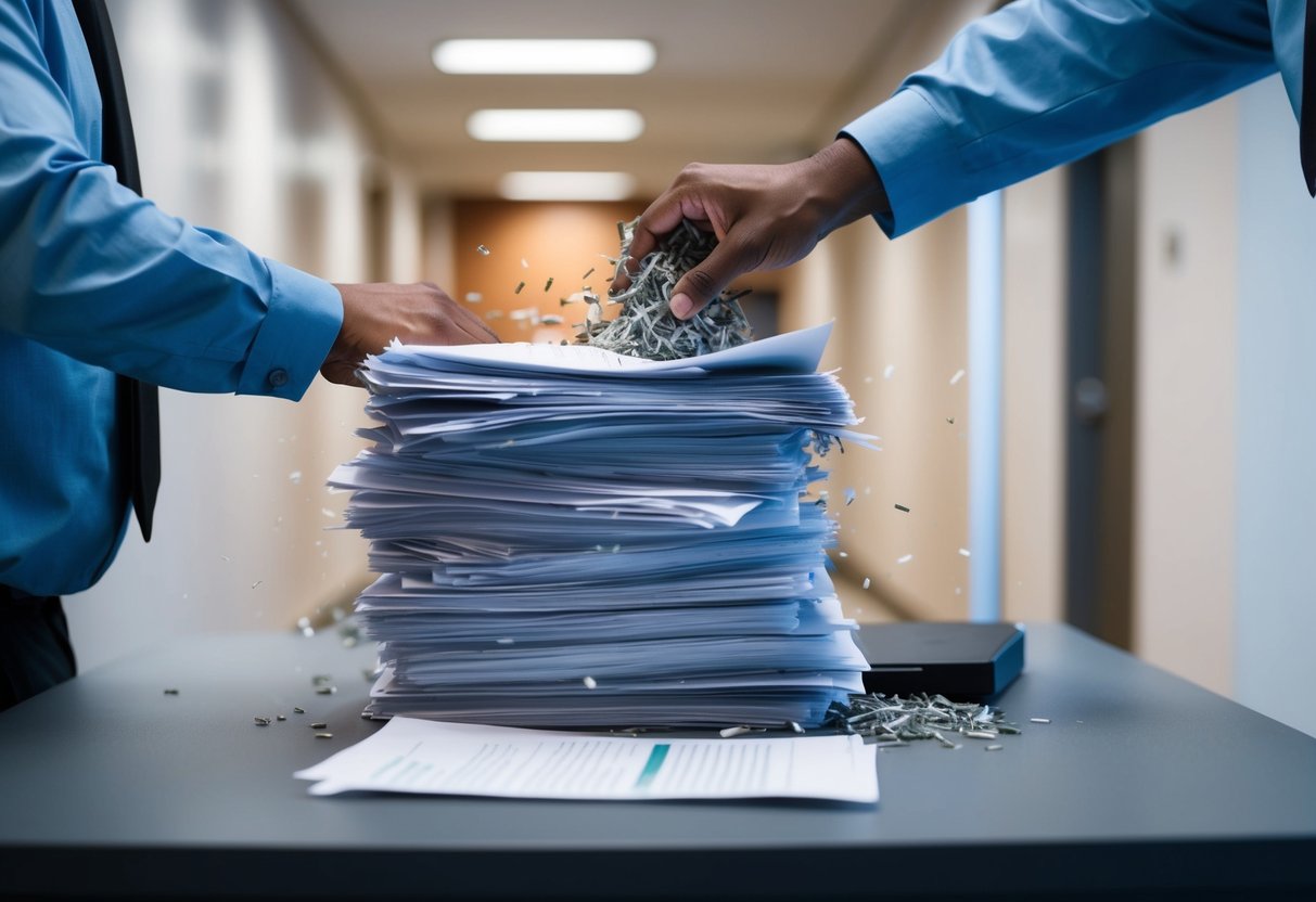 A stack of legal documents being shredded in a secure facility