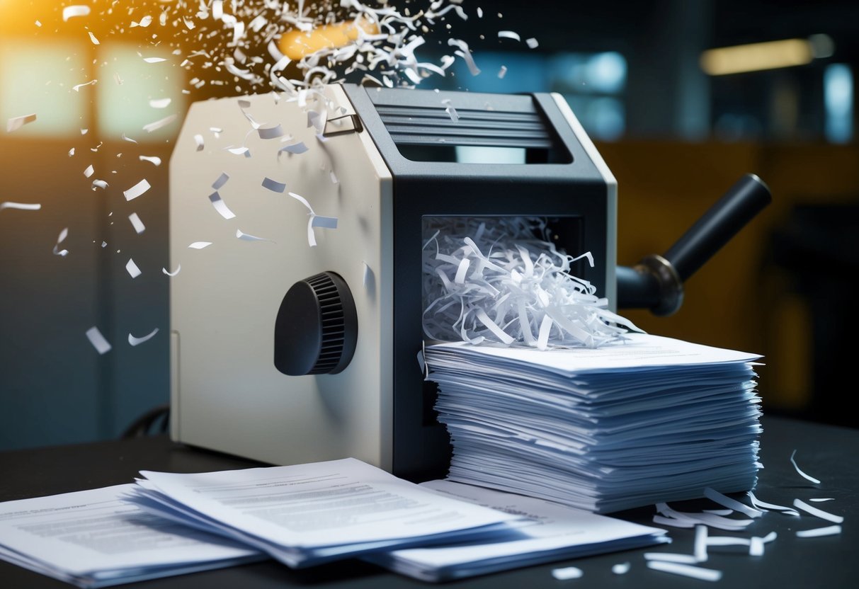 A stack of documents being shredded by a powerful industrial shredder, with shredded paper flying out of the machine